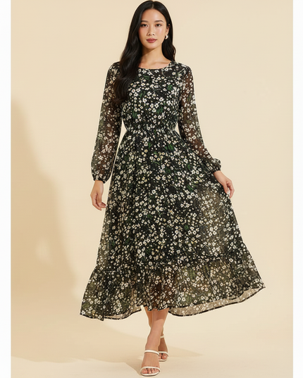 Florales Chiffonkleid in Schwarz - Ansicht 3