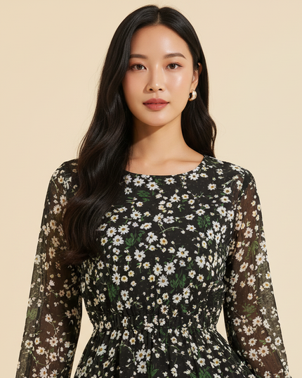 Florales Chiffonkleid in Schwarz - Ansicht 4