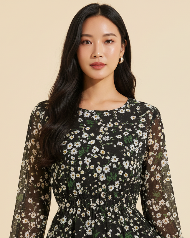 Florales Chiffonkleid in Schwarz - Ansicht 4