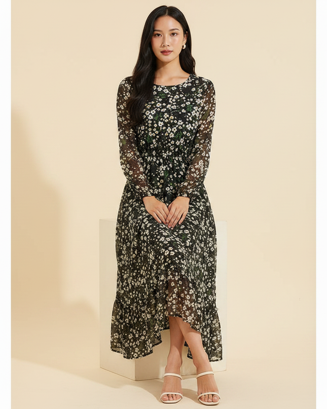 Florales Chiffonkleid in Schwarz - Ansicht 5