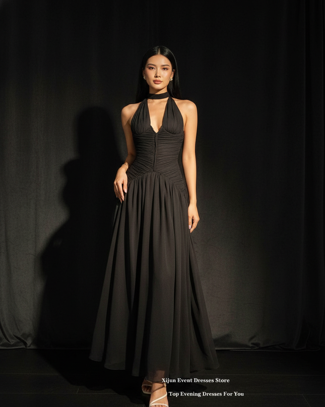 Chiffonkleid Schwarz Plissee Neckholder - Ansicht 1