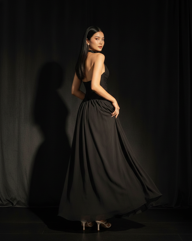 Chiffonkleid Schwarz Plissee Neckholder - Ansicht 2