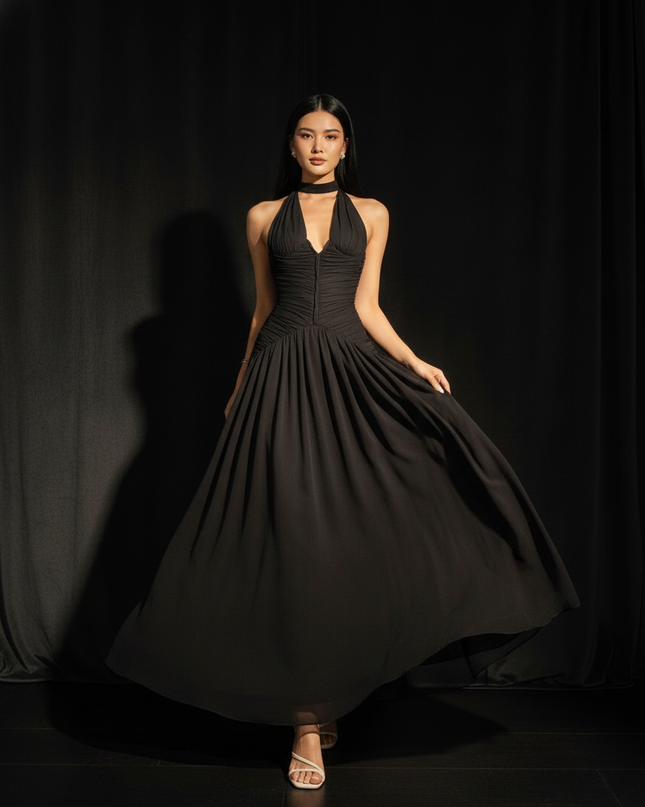 Chiffonkleid Schwarz Plissee Neckholder - Ansicht 3