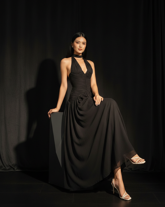 Chiffonkleid Schwarz Plissee Neckholder - Ansicht 5