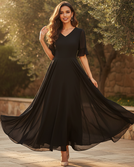 Chiffonkleid Schwarz mit Volants - Ansicht 1