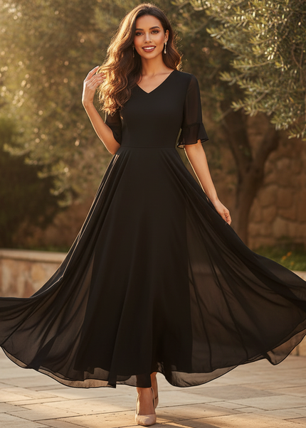 Chiffonkleid Schwarz mit Volants - Ansicht 1