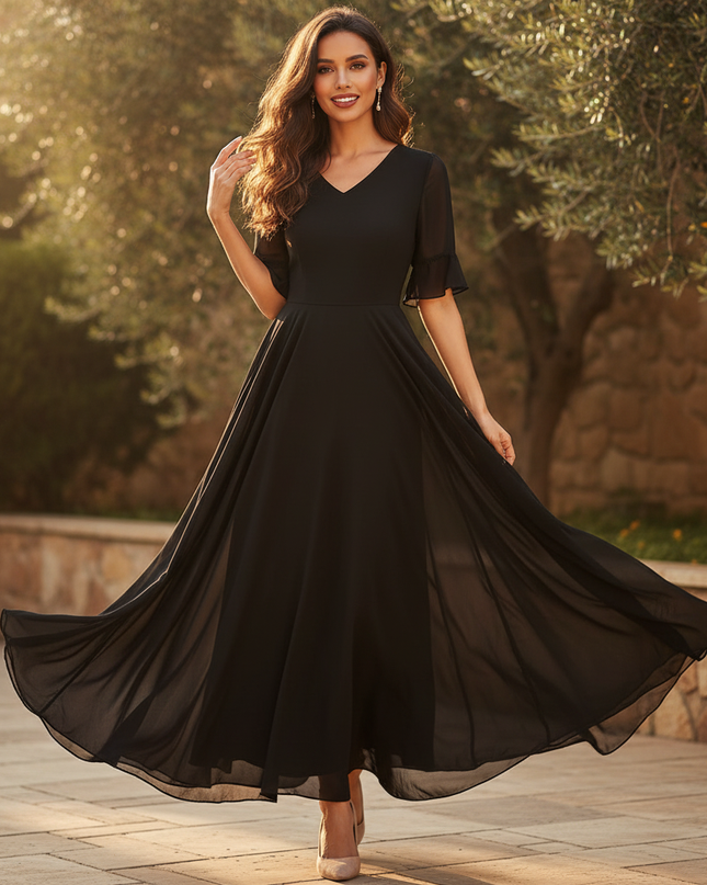 Chiffonkleid Schwarz mit Volants - Ansicht 1