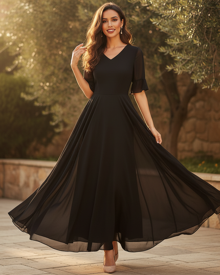 Chiffonkleid Schwarz mit Volants - Ansicht 3
