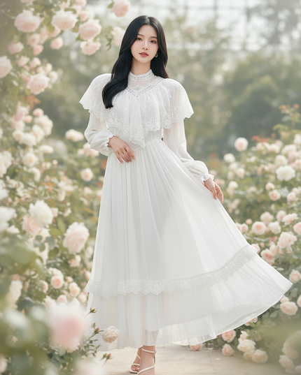 Weisses Chiffonkleid mit elegantem Spitzencape - Ansicht 1