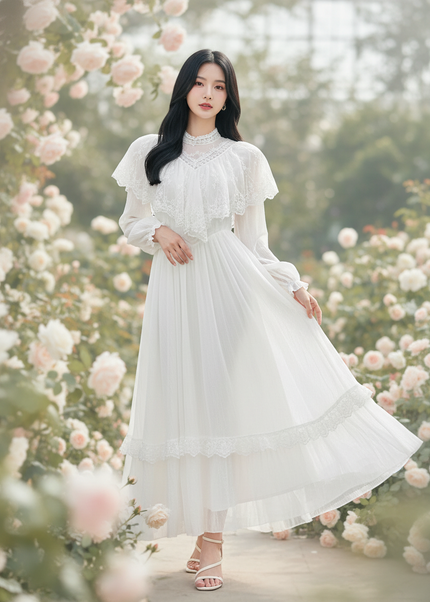 Weisses Chiffonkleid mit elegantem Spitzencape - Ansicht 1