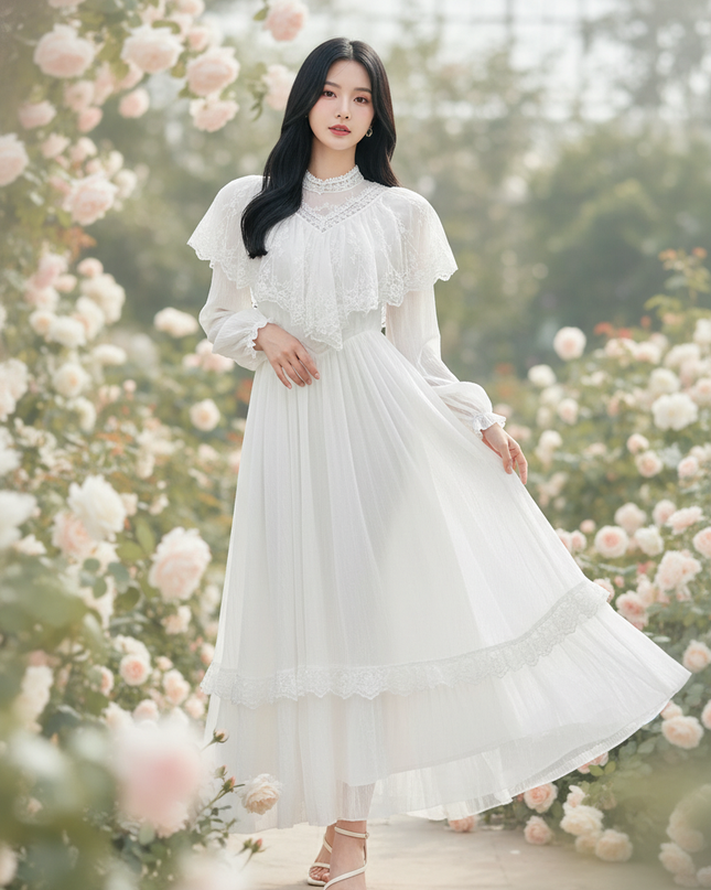 Weisses Chiffonkleid mit elegantem Spitzencape - Ansicht 1