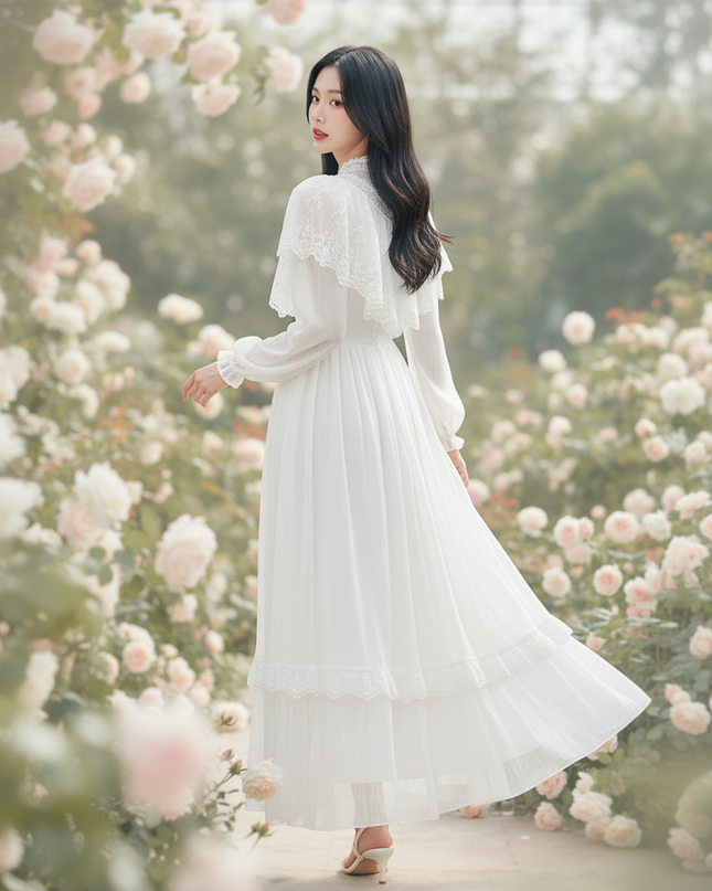 Weisses Chiffonkleid mit elegantem Spitzencape - Ansicht 2