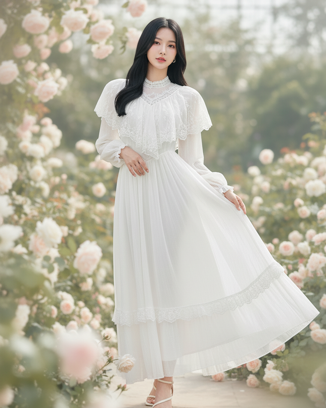 Weisses Chiffonkleid mit elegantem Spitzencape - Ansicht 3