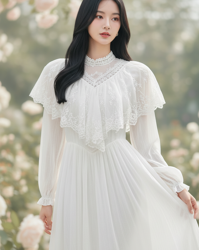 Weisses Chiffonkleid mit elegantem Spitzencape - Ansicht 4