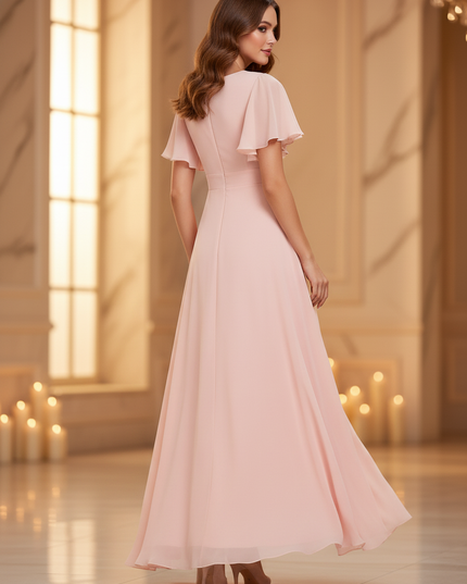 Rosa Chiffonkleid mit elegantem Schlitz - Ansicht 2