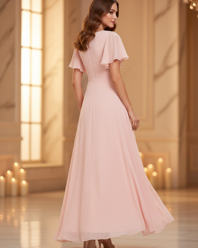 Rosa Chiffonkleid mit elegantem Schlitz - Ansicht 2