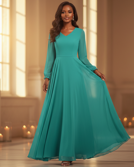 Tuerkises Chiffonkleid mit V-Ausschnitt und langen Aermeln - Ansicht 1
