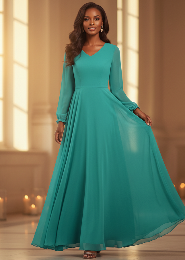 Tuerkises Chiffonkleid mit V-Ausschnitt und langen Aermeln - Ansicht 1