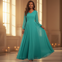 Tuerkises Chiffonkleid mit V-Ausschnitt und langen Aermeln - Ansicht 1