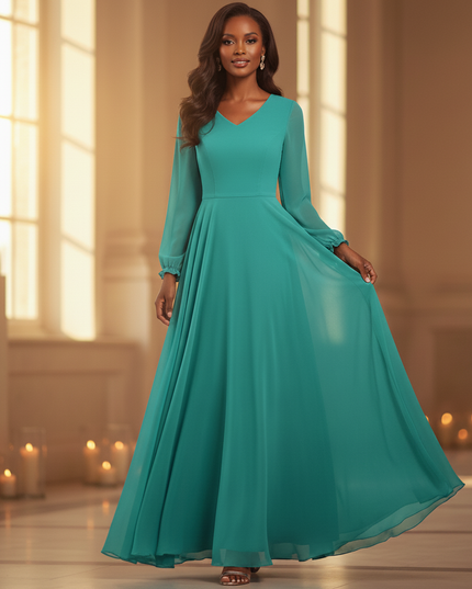 Tuerkises Chiffonkleid mit V-Ausschnitt und langen Aermeln - Ansicht 3