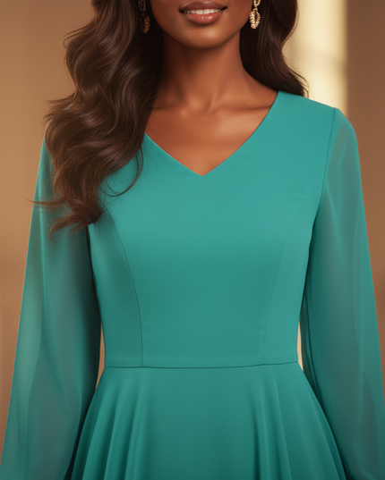 Tuerkises Chiffonkleid mit V-Ausschnitt und langen Aermeln - Ansicht 4