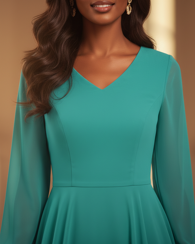 Tuerkises Chiffonkleid mit V-Ausschnitt und langen Aermeln - Ansicht 4