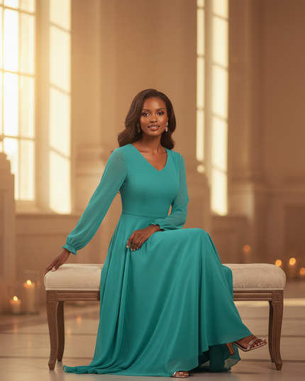 Tuerkises Chiffonkleid mit V-Ausschnitt und langen Aermeln - Ansicht 5
