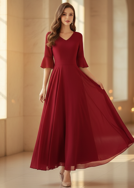 Burgunderrotes Chiffonkleid mit Halbarm - Ansicht 1