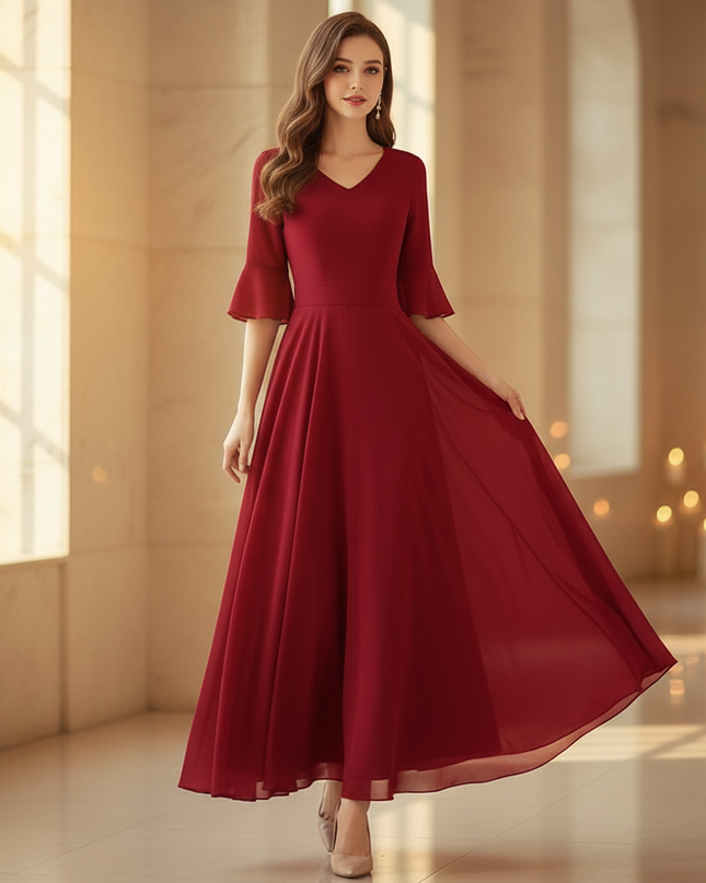 Burgunderrotes Chiffonkleid mit Halbarm - Ansicht 1