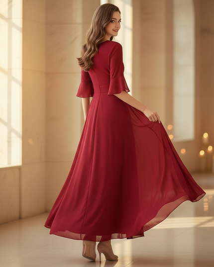Burgunderrotes Chiffonkleid mit Halbarm - Ansicht 2