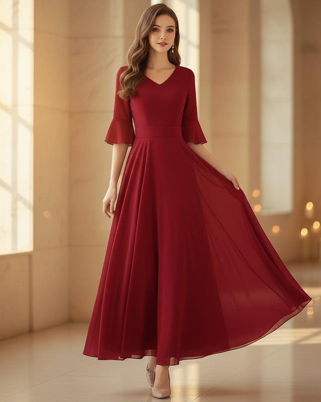 Burgunderrotes Chiffonkleid mit Halbarm - Ansicht 3