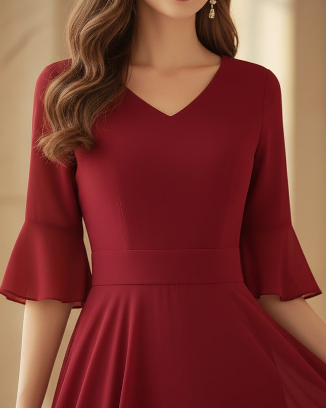 Burgunderrotes Chiffonkleid mit Halbarm - Ansicht 4