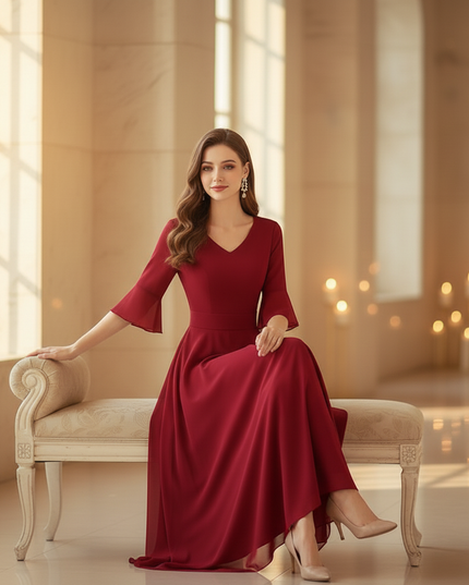 Burgunderrotes Chiffonkleid mit Halbarm - Ansicht 5