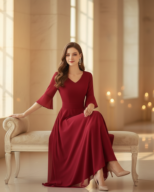 Burgunderrotes Chiffonkleid mit Halbarm - Ansicht 5