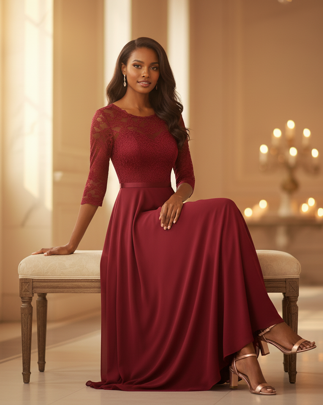 Bordeauxrotes Kleid mit feiner Spitze - Ansicht 5