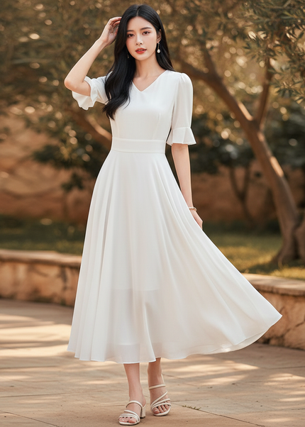 Weisses langes Kleid mit V-Ausschnitt - Ansicht 1