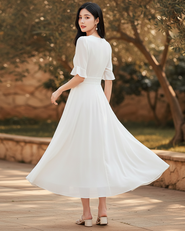 Weisses langes Kleid mit V-Ausschnitt - Ansicht 2