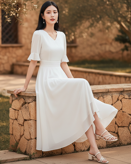 Weisses langes Kleid mit V-Ausschnitt - Ansicht 5