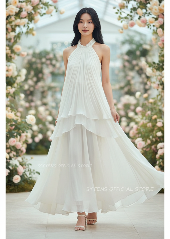 Weisses langes Kleid mit Neckholder - Ansicht 1