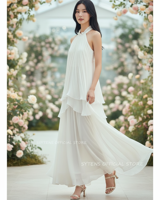Weisses langes Kleid mit Neckholder - Ansicht 3