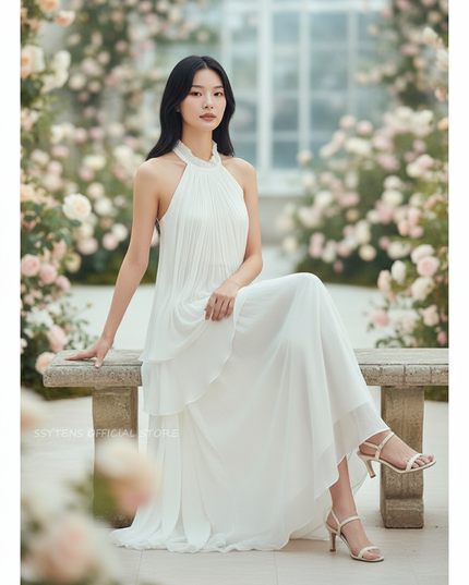 Weisses langes Kleid mit Neckholder - Ansicht 5