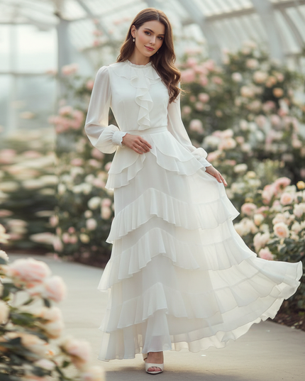 Weisses langes Kleid mit Volants - Ansicht 1