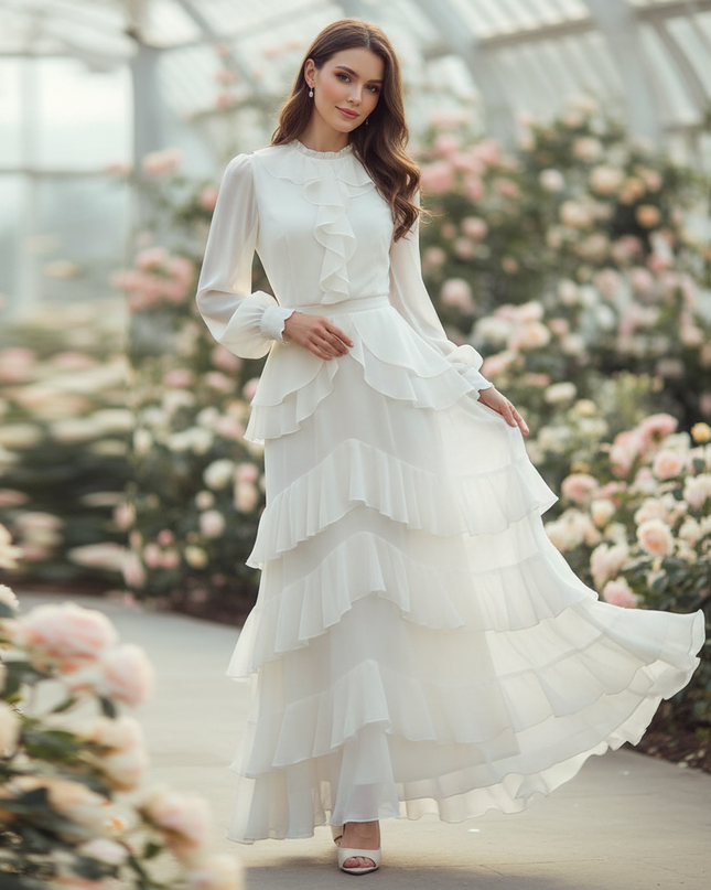 Weisses langes Kleid mit Volants - Ansicht 1