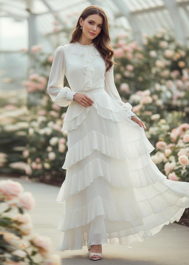 Weisses langes Kleid mit Volants - Ansicht 1