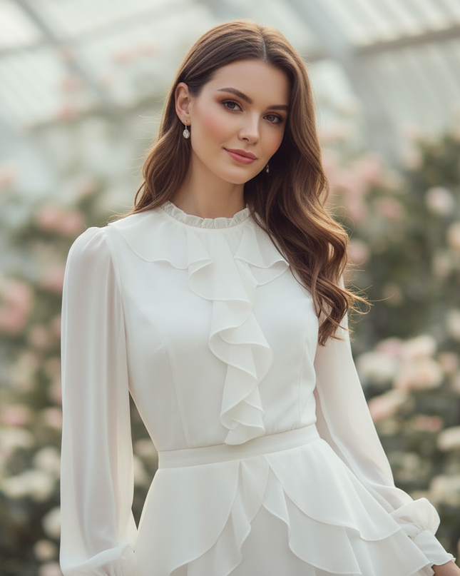 Weisses langes Kleid mit Volants - Ansicht 4