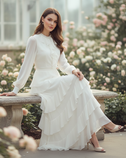 Weisses langes Kleid mit Volants - Ansicht 5