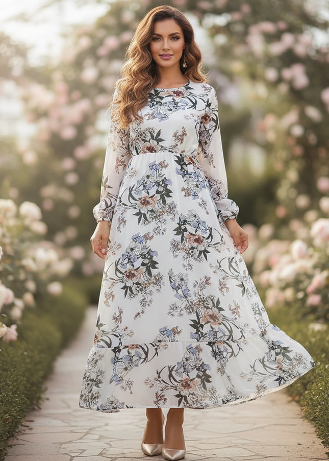 Weisses Chiffonkleid mit Blumenmuster - Ansicht 1