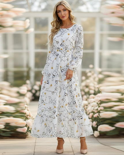 Romantisches Chiffonkleid Weiss Midi Langarm - Ansicht 1