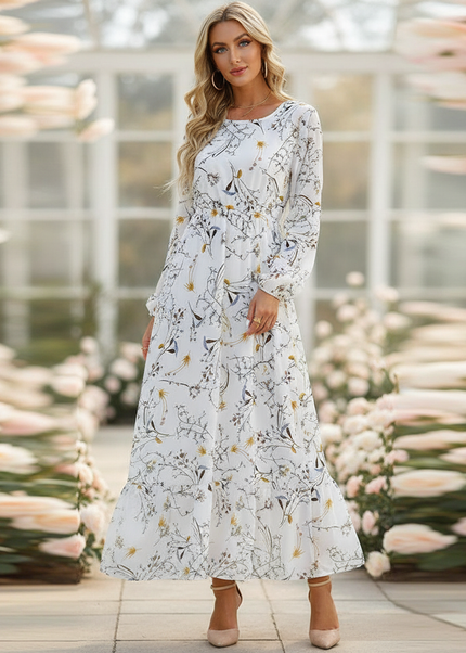 Romantisches Chiffonkleid Weiss Midi Langarm - Ansicht 1