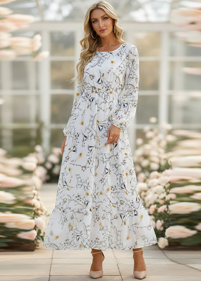 Romantisches Chiffonkleid Weiss Midi Langarm - Ansicht 1